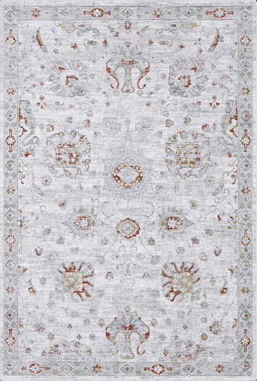 Close-up of the Elimbah Thick Luxe Area Rug, featuring a traditional oriental pattern in beige, red, and gray tones. Design-Rectangle-57