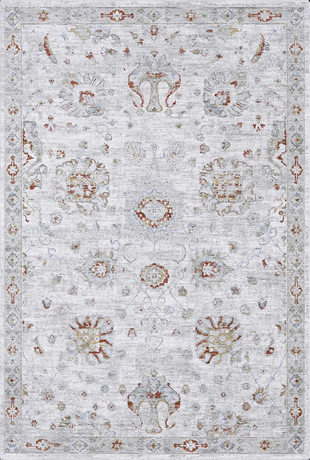 Close-up of the Elimbah Thick Luxe Area Rug, featuring a traditional oriental pattern in beige, red, and gray tones. Design-Rectangle-57