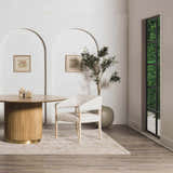 Dining room scene with round wood table and Elimbah Thick Luxe Area Rug in beige and brick red. Neutral, modern farmhouse style. Roomscene-Rectangle