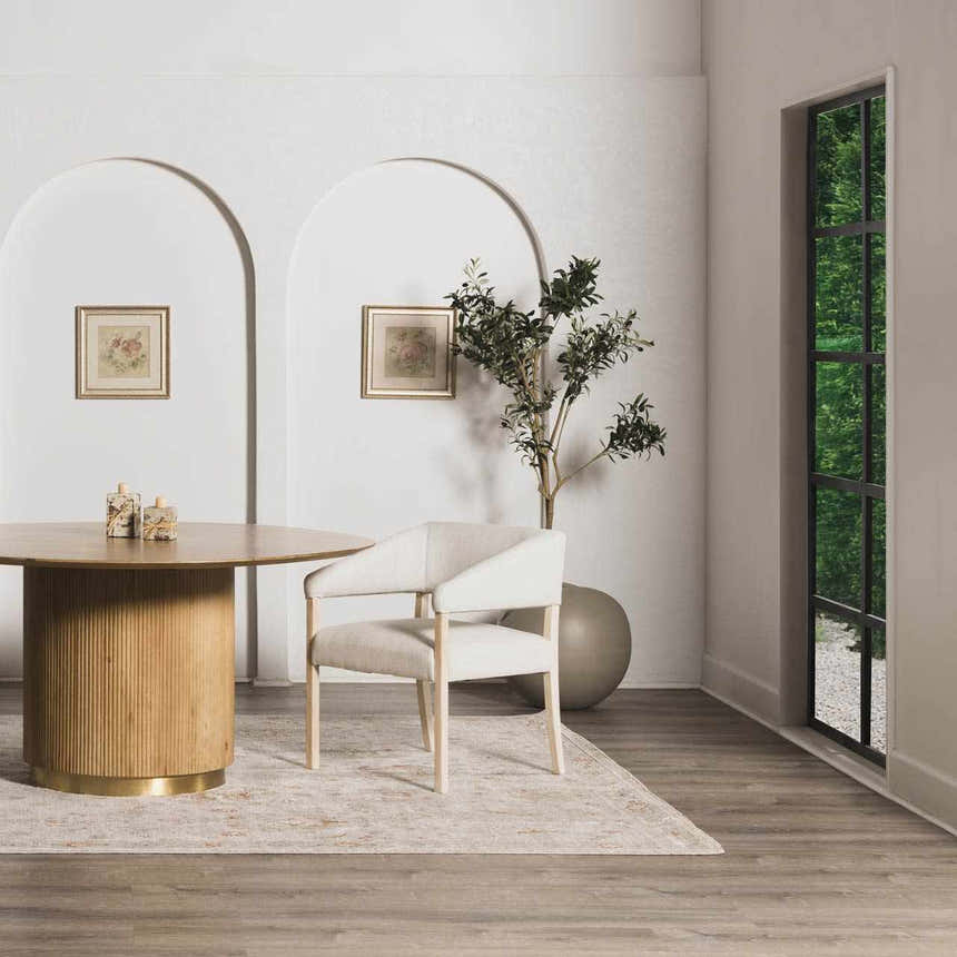 Dining room scene with round wood table and Elimbah Thick Luxe Area Rug in beige and brick red. Neutral, modern farmhouse style. Roomscene-Rectangle