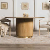 Dining room scene with a beige and brick red Elimbah Thick Luxe Area Rug under a round wooden table. Roomscene-Rectangle