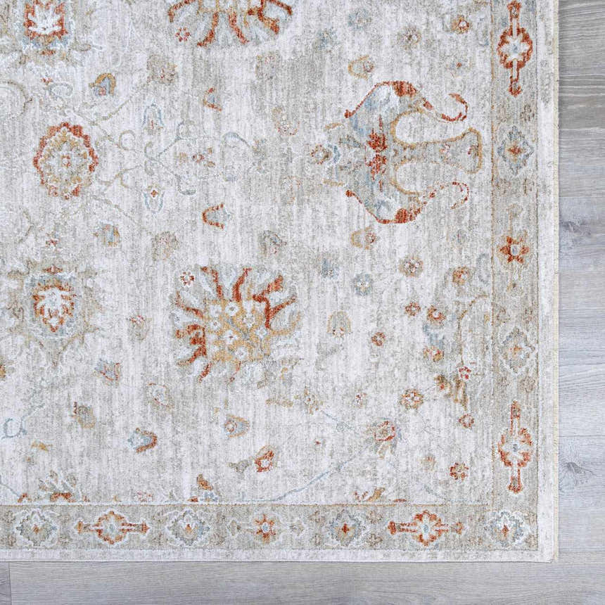 Close-up of Elimbah Thick Luxe Area Rug, showcasing its beige, brick red, and light gray traditional floral pattern. Swatch