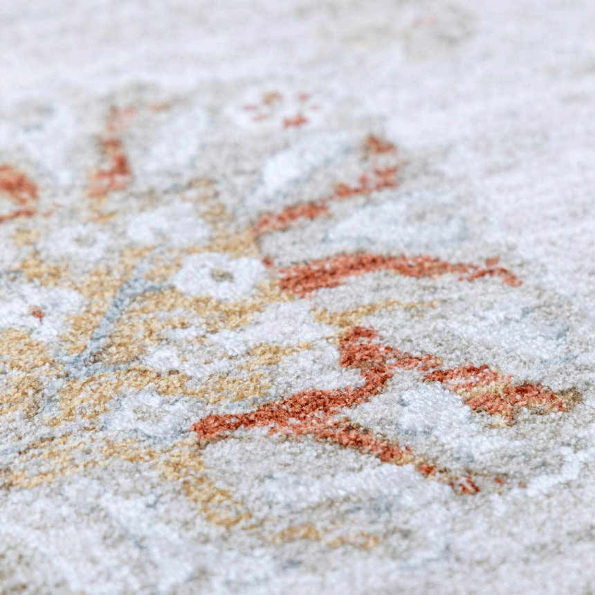 Close-up of the Elimbah Thick Luxe Area Rug showing beige, brick red, and gold floral pattern and soft, plush texture. Texture