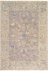 Hand-knotted Ellie Area Rug in beige, denim, light gray, and medium brown wool. Farmhouse traditional style. Design-Rectangle-69