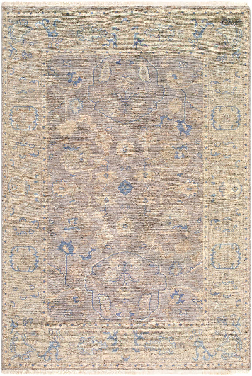 Hand-knotted Ellie Area Rug in beige, denim, light gray, and medium brown wool. Farmhouse traditional style. Design-Rectangle-69