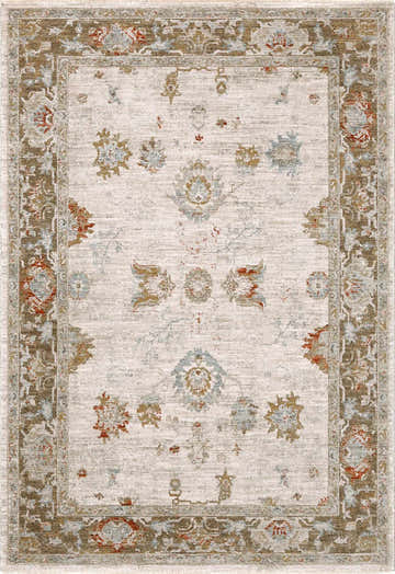 Close-up of the Elloree Traditional rug. Beige rug with brick red, charcoal, and light gray floral and border pattern. Design-Rectangle