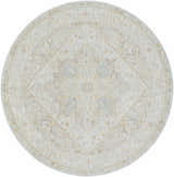 Close-up of a round Engin Thick Luxe Area Rug. Features farmhouse style, amber, and dusty pink tones. Design-Round-67