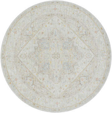 Close-up of a round Engin Thick Luxe Area Rug. Features farmhouse style, amber, and dusty pink tones. Design-Round-67