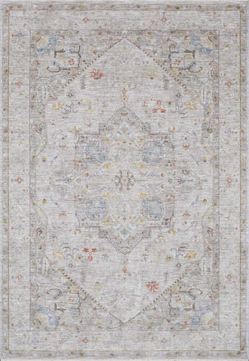 Close-up of the Engin Thick Luxe Area Rug. Features a traditional pattern in amber, gray, blue, and pink hues. Design-Rectangle