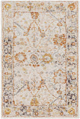 Close-up of the Paatan Luxe Floral Oushaq Area Rug. Features a cream base with gold, brown, and gray floral and geometric patterns. Design-Rectangle-23