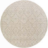 Close-up of a round Maunawili Cream Nordic Rug with a subtle diamond pattern in beige and light brown tones. Design-Round-710