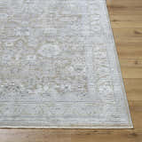 Close-up of the light gray Alexia rug showing its traditional pattern and machine-woven texture on a wood floor. Front
