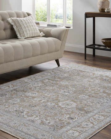 Living room scene with a beige sofa and the Alexia Light Gray Area Rug on a dark wood floor. Roomscene-Rectangle