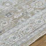 Close-up of the Alexia Light Gray Area Rug. Traditional pattern in charcoal, light gray, and medium gray. Machine woven texture. Texture