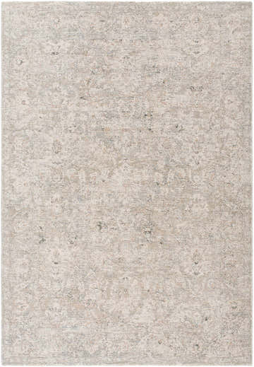 Close-up of the Azania Area Rug. Cream rug with light sage, light slate, sage, and slate blue traditional pattern. Design-Rectangle-6796