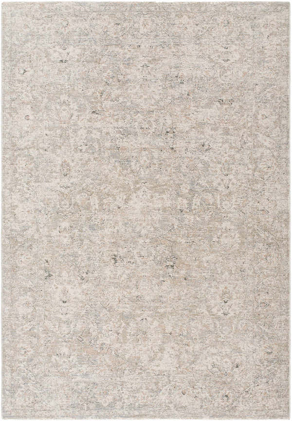 Close-up of the Azania Area Rug. Cream rug with light sage, light slate, sage, and slate blue traditional pattern. Design-Rectangle-6796