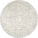 Close-up of the round Azania Area Rug. Cream, light sage, and slate blue traditional farmhouse design. Design-Round-67