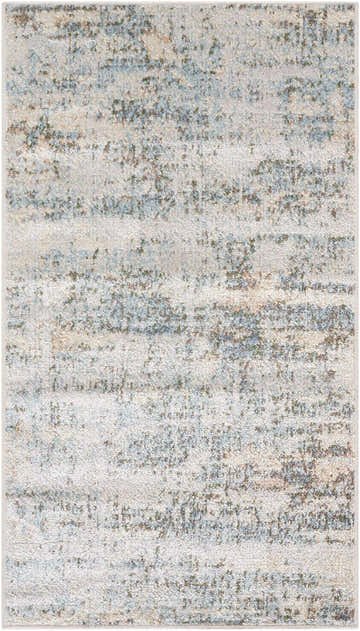 Close-up of Aletta Washable Rug. Contemporary design in beige, green, off white, and slate blue. Soft polyester texture. Design-Rectangle