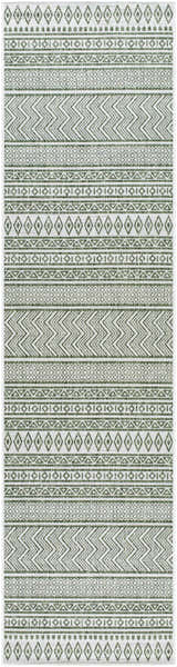 Close-up of Madras Natural Gray Green All Over Performance Area Rug with geometric patterns and farmhouse style. Design-Runner-2710