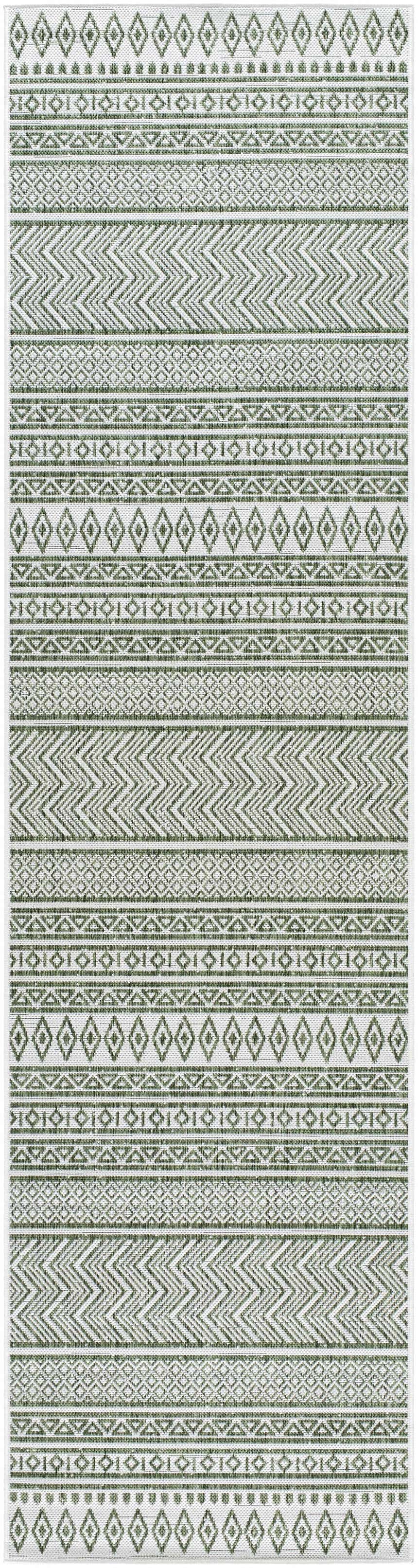 Close-up of Madras Natural Gray Green All Over Performance Area Rug with geometric patterns and farmhouse style. Design-Runner-2710