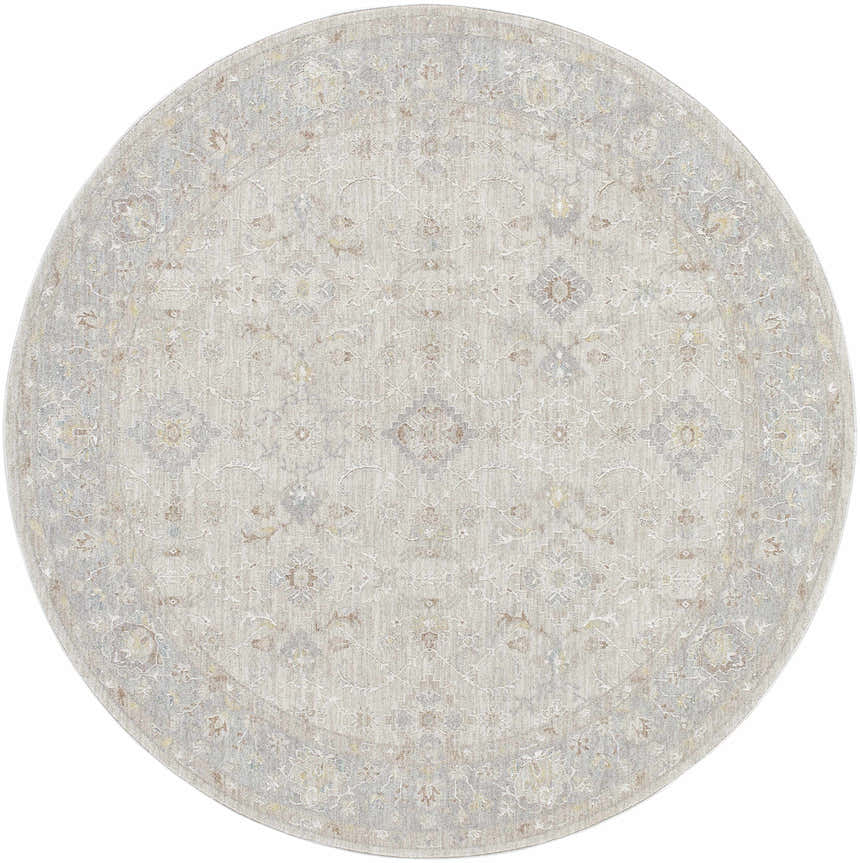 Close-up of a round Feray Thick Luxe Area Rug. Features traditional floral patterns in cloud gray, nutmeg, and light gray. Design-Round-67