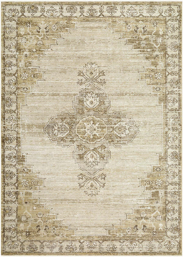 Close-up of the Felice Area Rug, a farmhouse style rug with a traditional beige and brown floral pattern. Design-Rectangle-679