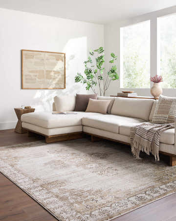 Neutral living room with a sectional sofa and a Felice Area Rug in farmhouse style. Roomscene-Rectangle