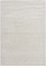 Close-up of the light silver Aretha Area Rug, a hand-loomed wool rug with a geometric, concentric rectangle pattern. Design-Rectangle-5377