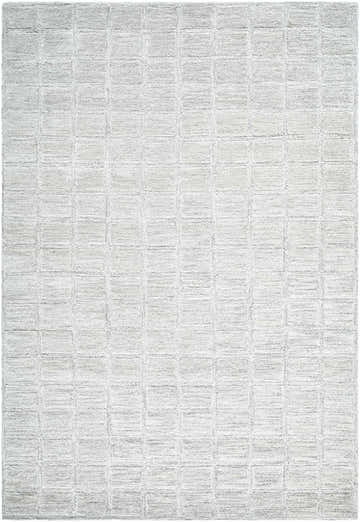 Close-up of the Farica Area Rug, a cream and light taupe hand-tufted wool rug with a subtle geometric grid pattern. Design-Rectangle-576