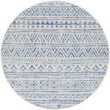 Close-up of the round Novato Navy All Over Pattern Performance Rug, featuring a blue and white geometric design. Design-Round-53
