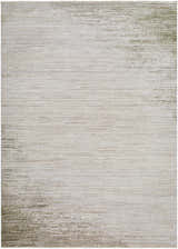 Close-up of the Atarah Area Rug. Machine woven with a subtle horizontal pattern in ash, desert sand, and light silver tones. Design-Rectangle-537