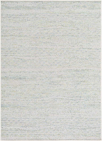 Close-up of the Alezae Ivory Area Rug. Machine woven rug with ivory, light gray, and pale blue hues. Design-Rectangle-57