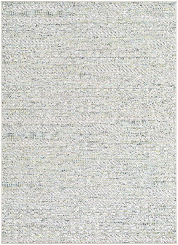 Close-up of the Alezae Ivory Area Rug. Machine woven rug with ivory, light gray, and pale blue hues. Design-Rectangle-57