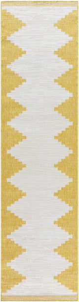Close-up of the Djugun Yellow Outdoor Rug, showcasing its geometric pattern and woven texture in beige and yellow tones. Design-Runner-2710