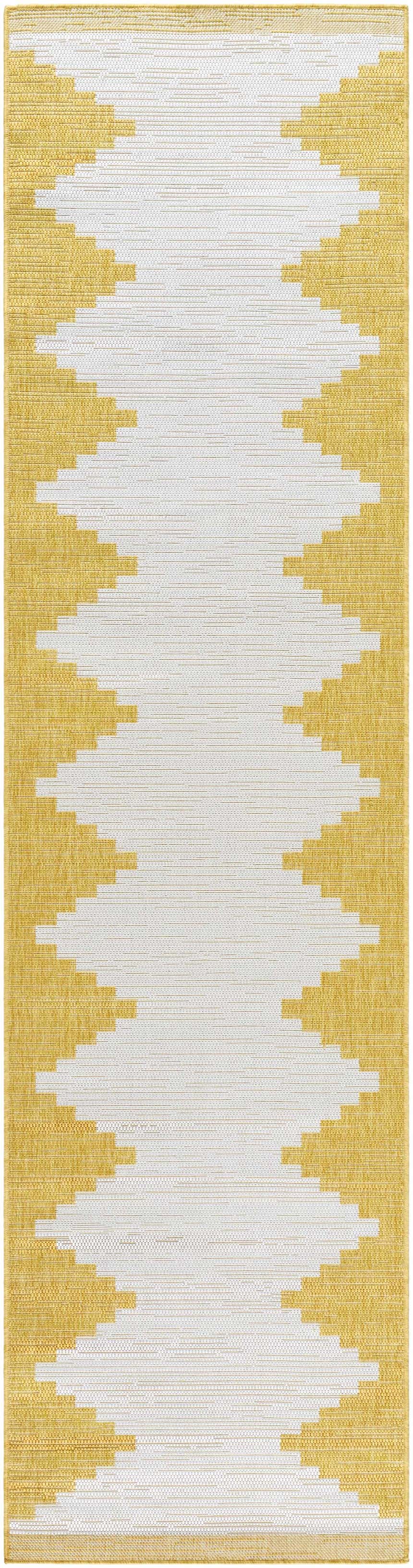 Close-up of the Djugun Yellow Outdoor Rug, showcasing its geometric pattern and woven texture in beige and yellow tones. Design-Runner-2710