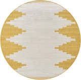Close-up of round Djugun Yellow Outdoor Rug with geometric beige and white Southwestern pattern. Design-Round-67