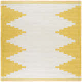 Close-up of the Djugun Yellow Outdoor Rug. Features a geometric pattern in beige and yellow hues. Machine woven texture. Design-Square-710