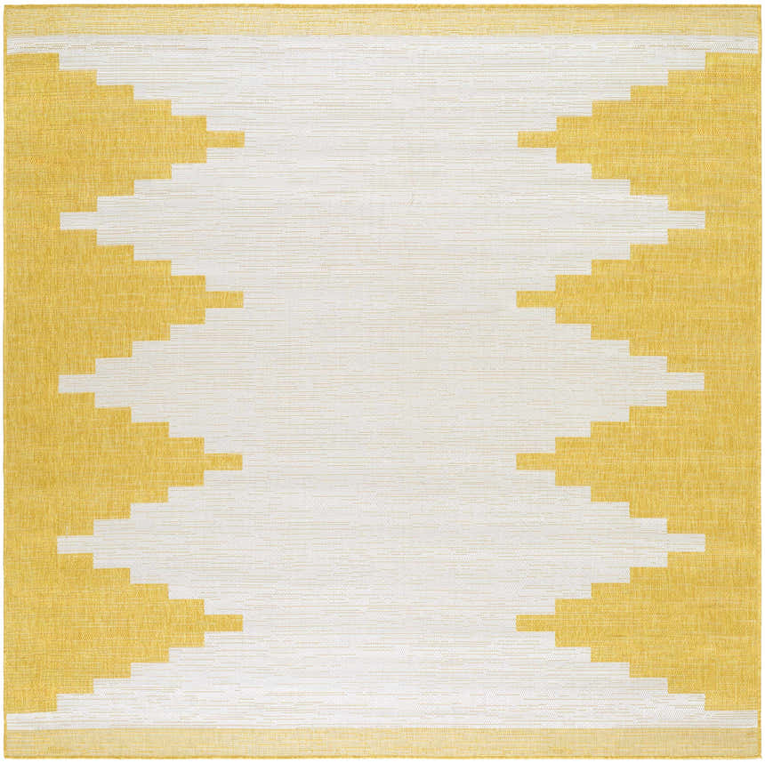 Close-up of the Djugun Yellow Outdoor Rug. Features a geometric pattern in beige and yellow hues. Machine woven texture. Design-Square-710