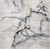 Close-up of the Fremantle Gray Marble Rug featuring a contemporary abstract design in cream, gray, gold, and light blue. Design-Square-710