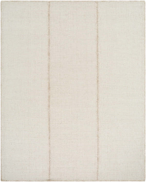 Close-up of the hand woven Xowi Global Modern Wool Area Rug, featuring a textured, neutral design with subtle vertical stripes. Design-Rectangle-810