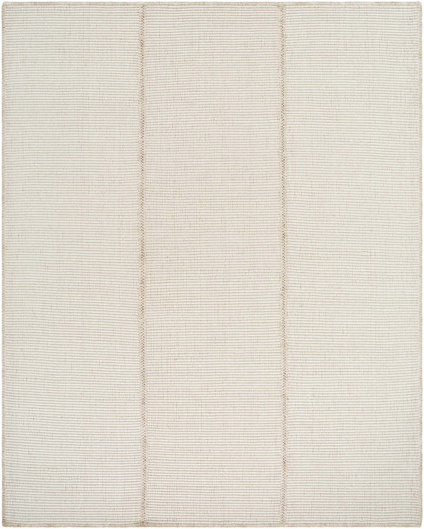 Close-up of the hand woven Xowi Global Modern Wool Area Rug, featuring a textured, neutral design with subtle vertical stripes. Design-Rectangle-810