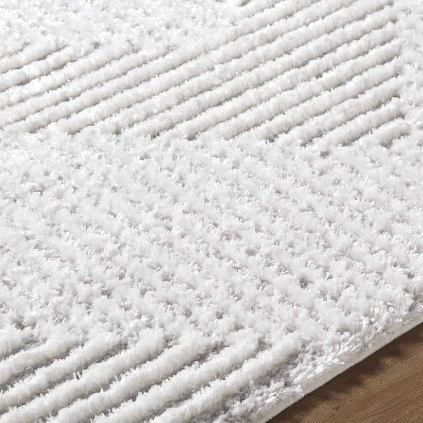 Close-up of the Ashlyn Cream Area Rug showing its plush shag texture and subtle geometric line pattern. Texture