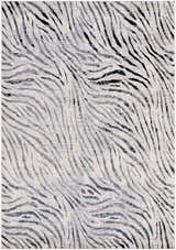 Close-up of the Arlene Area Rug. Contemporary style with black, gray, and cream zebra-like pattern. Design-Rectangle-5373