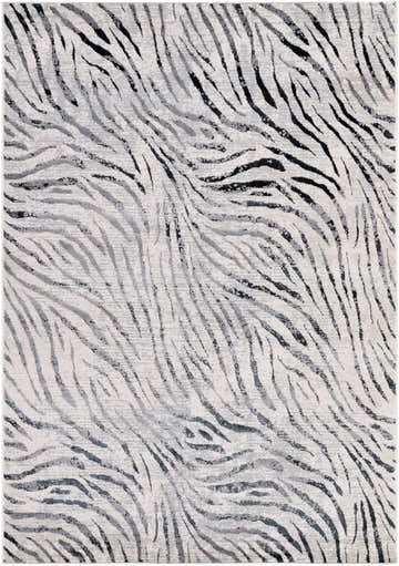 Close-up of the Arlene Area Rug. Contemporary style with black, gray, and cream zebra-like pattern. Design-Rectangle-5373
