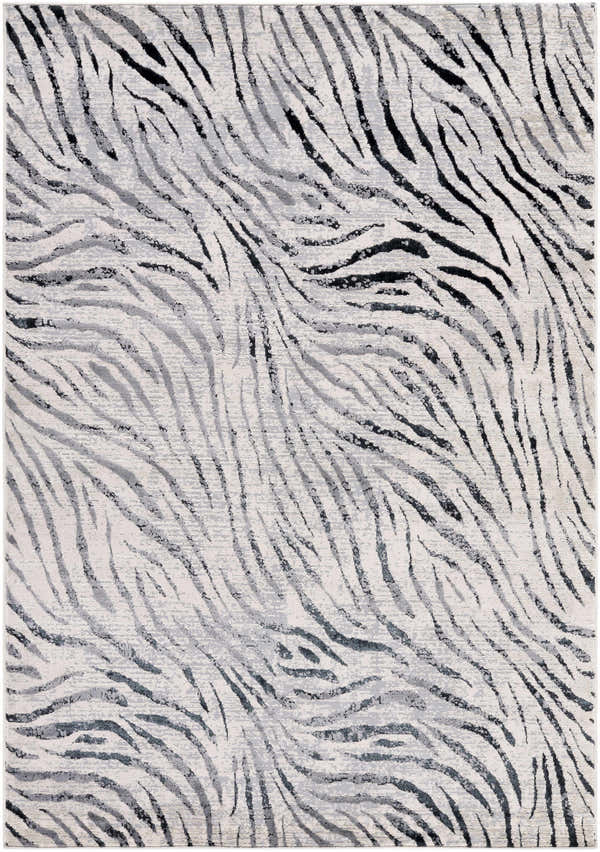Close-up of the Arlene Area Rug. Contemporary style with black, gray, and cream zebra-like pattern. Design-Rectangle-5373