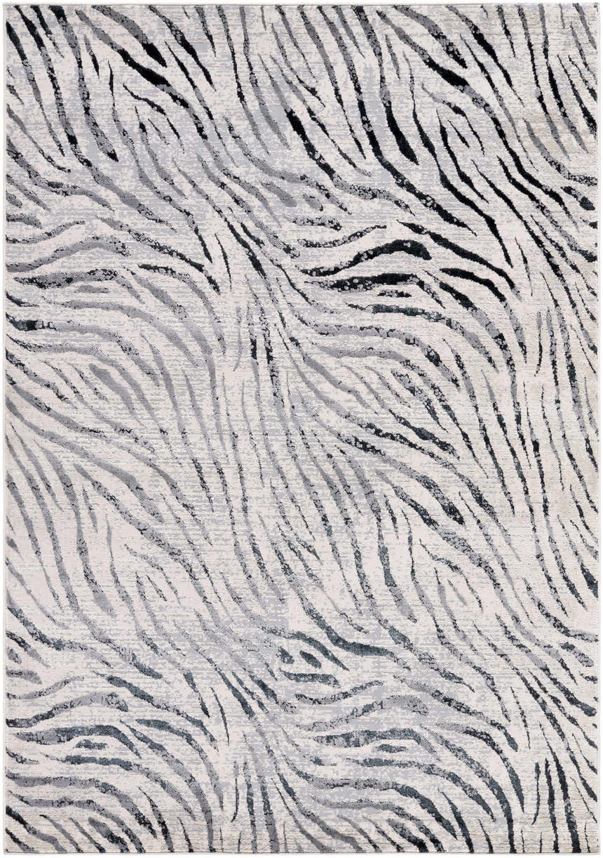 Close-up of the Arlene Area Rug. Contemporary style with black, gray, and cream zebra-like pattern. Design-Rectangle-5373
