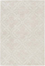 Close-up of the Fyffe Embossed Beige Wool Area Rug featuring a subtle geometric diamond and quatrefoil pattern. Design-Rectangle-576