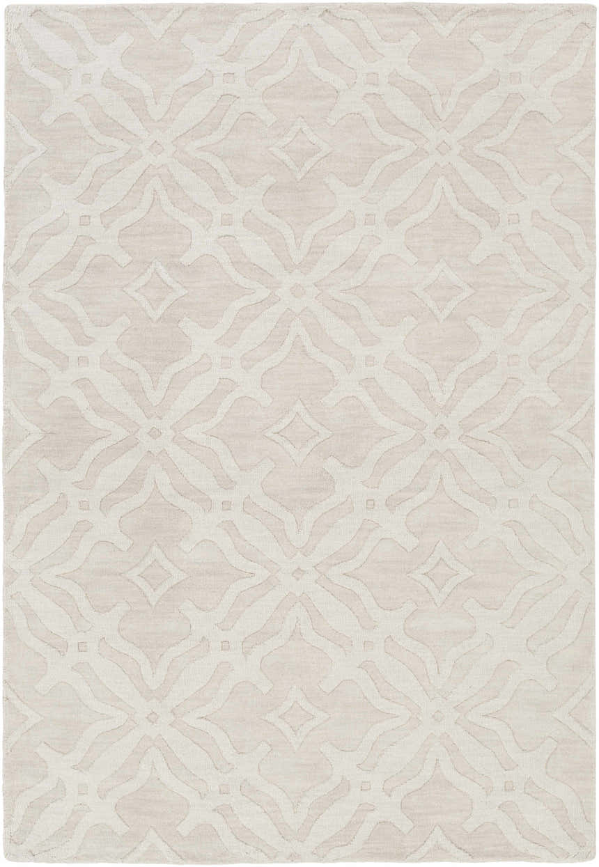 Close-up of the Fyffe Embossed Beige Wool Area Rug featuring a subtle geometric diamond and quatrefoil pattern. Design-Rectangle-576
