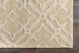 Close-up of Fyffe Embossed Beige Wool Area Rug showing the textured, geometric pattern and soft neutral colors. Swatch