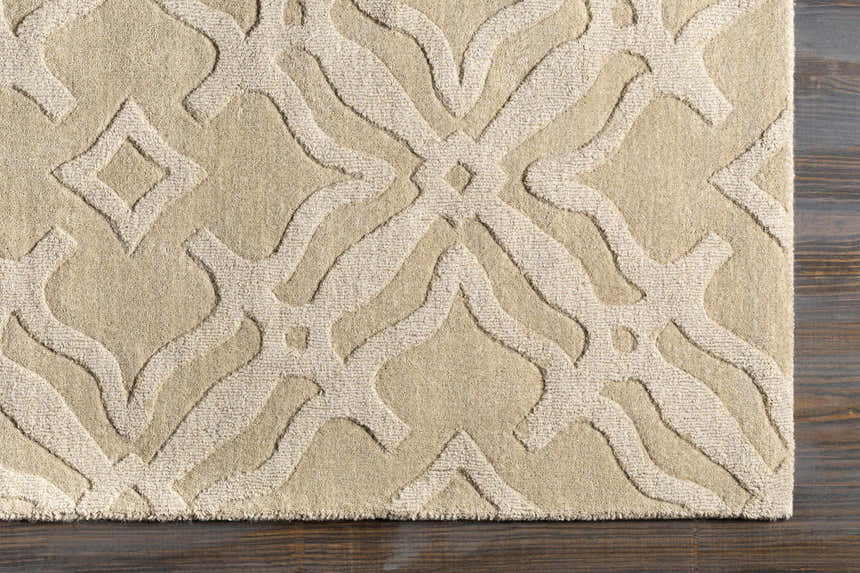 Close-up of Fyffe Embossed Beige Wool Area Rug showing the textured, geometric pattern and soft neutral colors. Swatch